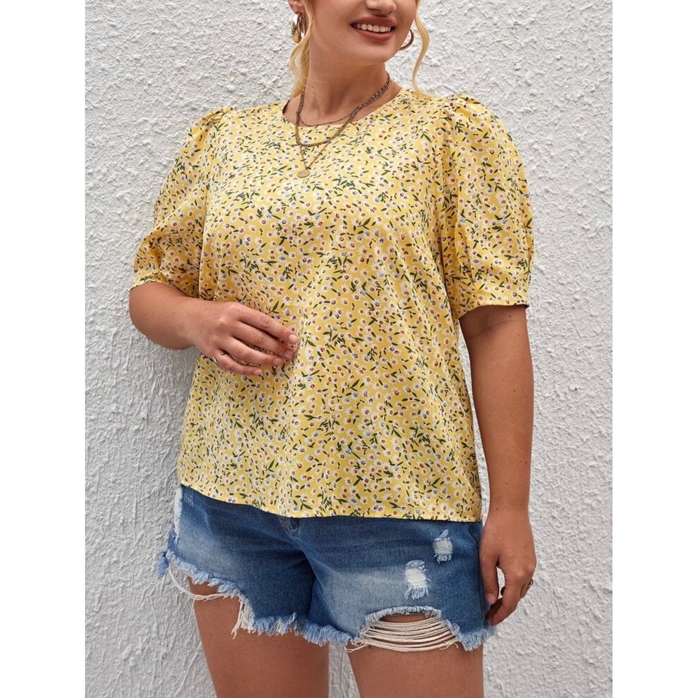 Emery Rose Yellow Ditsy Floral Puff Sleeve Blouse 4X Boho Cottagecore Daisy Top - Picture 9 of 10